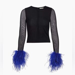 Alice + Olivia Delaina Feather-Trimmed Mesh Top